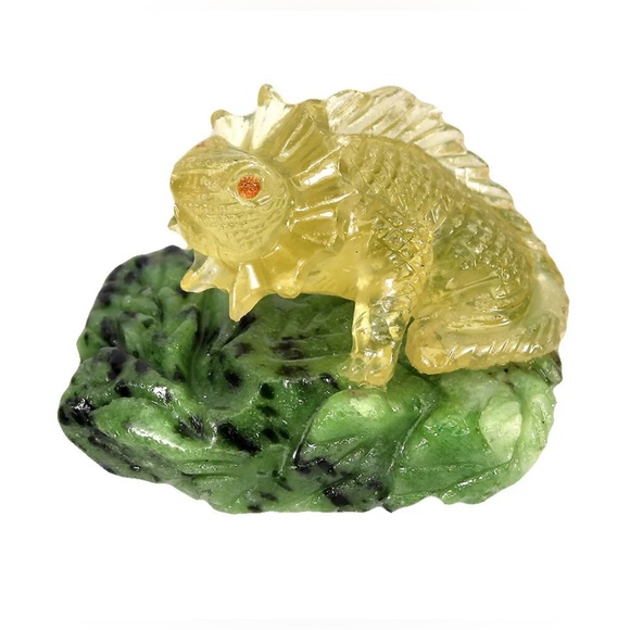 Handmade Rare 226ct Chameleon Carving Natural Lemon Quartz Sapphire Zoisite